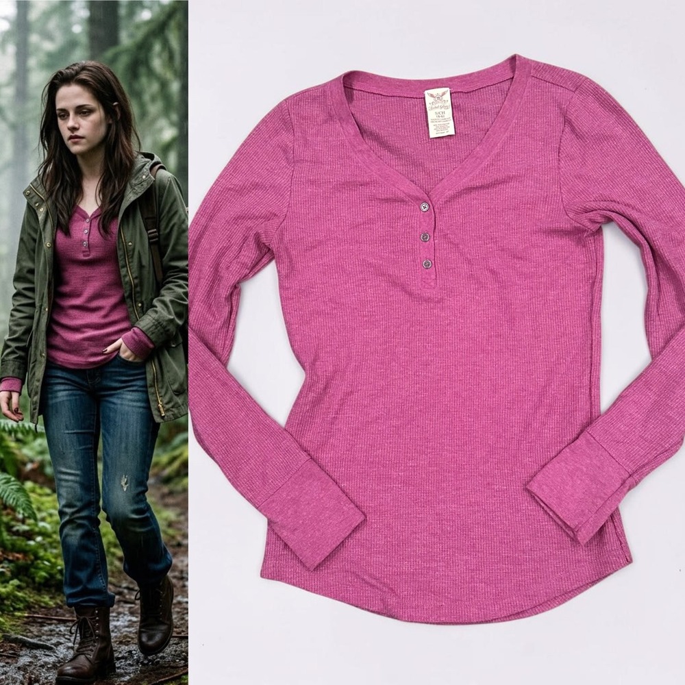 Faded Glory Waffle Knit Henley Top Berry Heather Pink Sz S Women Bella Swan Y2K